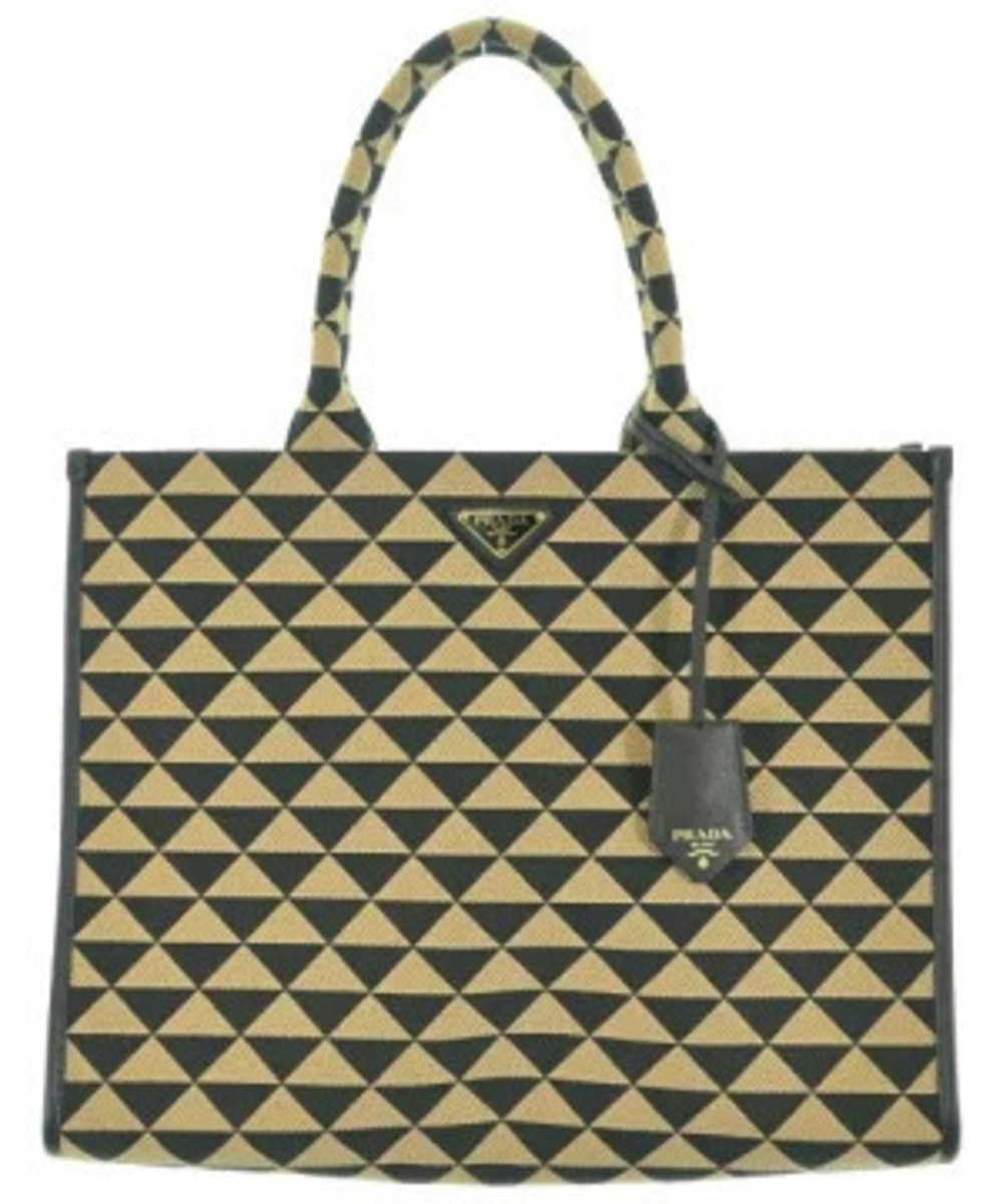 Prada Symbole Embroidered Tote Bag geometric triangle jacquard black tan